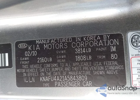 2010 Kia Forte Ex из США, поврежденный, VIN KNAFU4A21A5843809